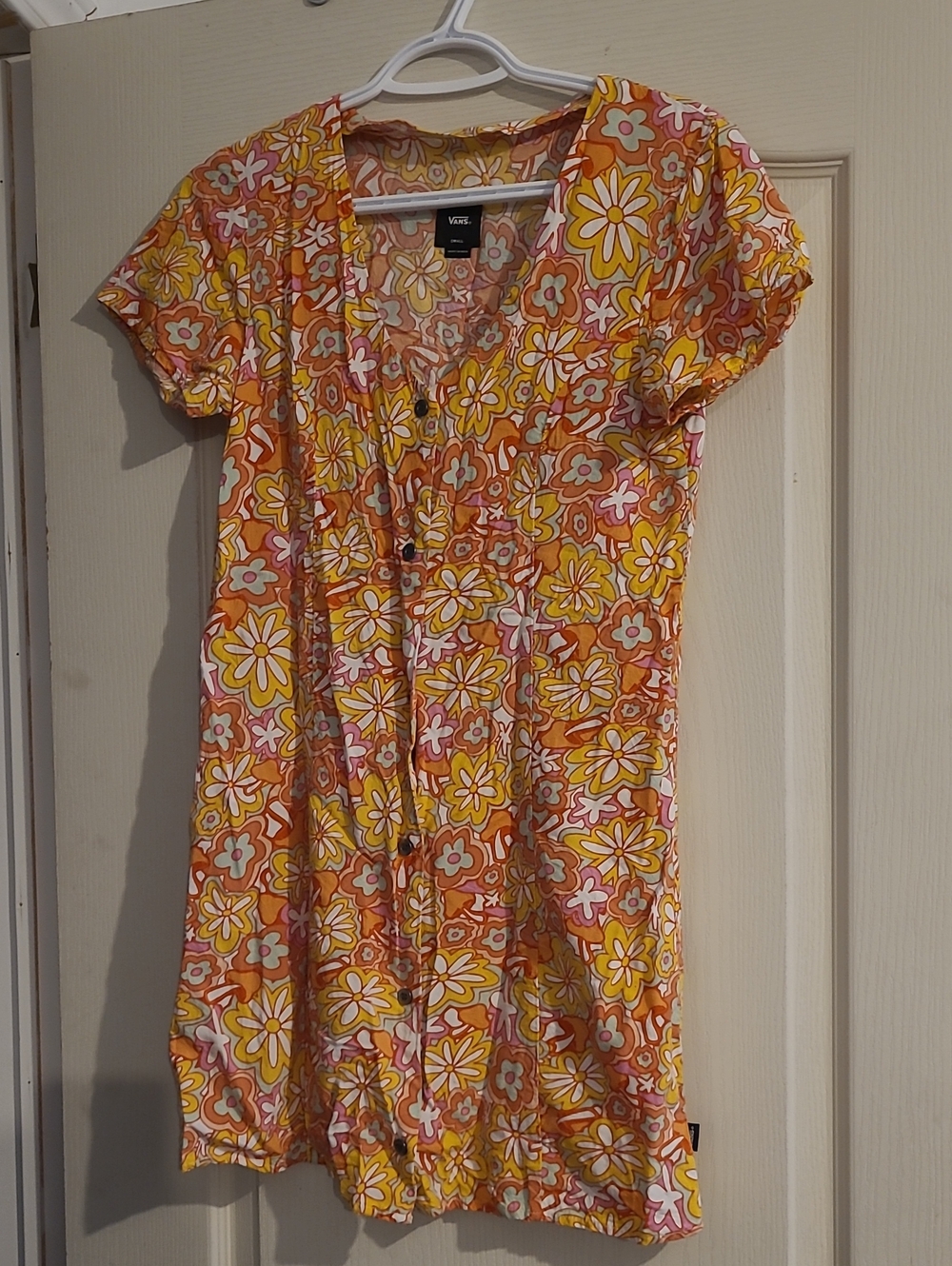 Vans Women’s Orange Floral Mushroom Button-Front Tunic Dress 60's Style